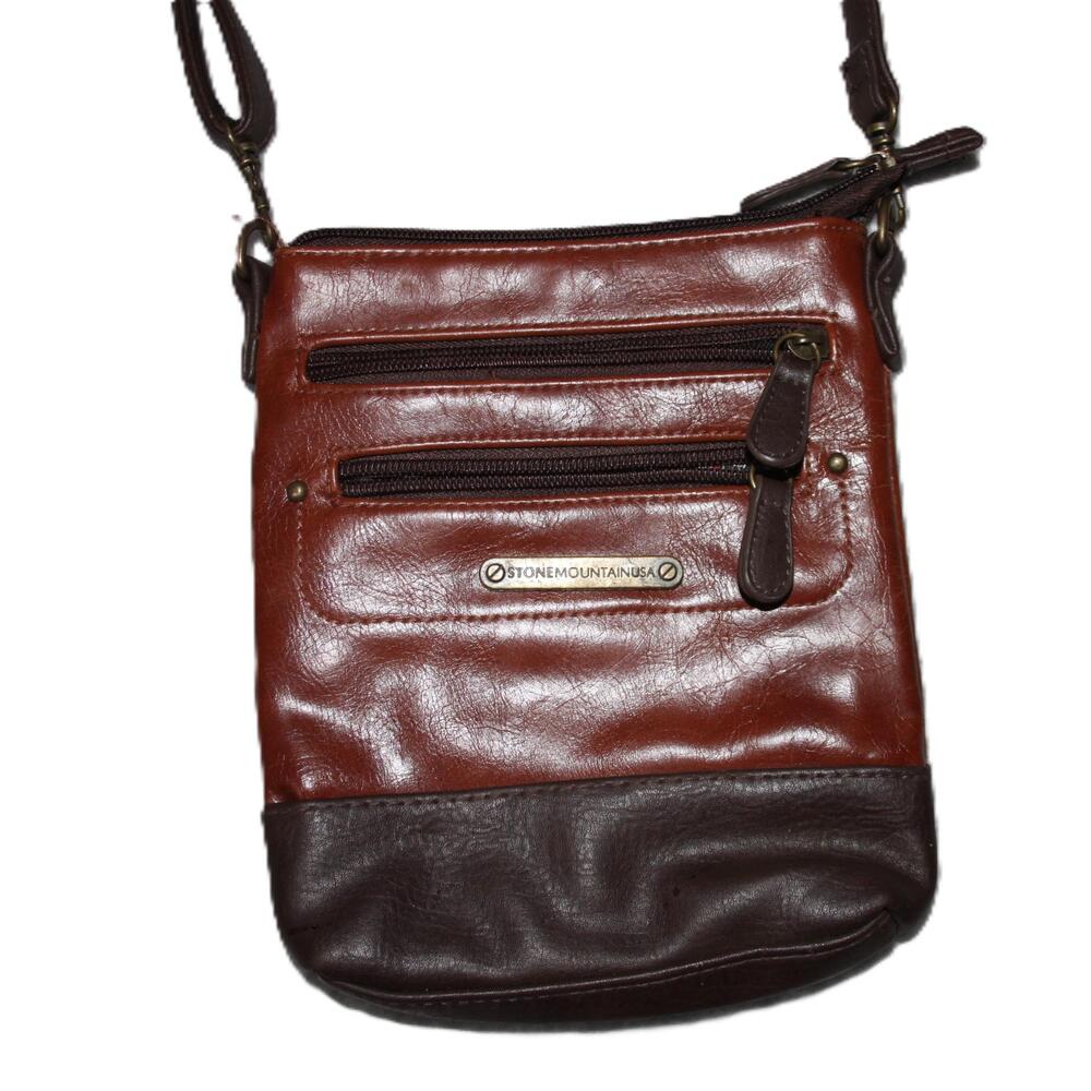 Stone Mountain USA Crossbody Bag Womens Brown Leather Two Tone Zip Pockets Purse